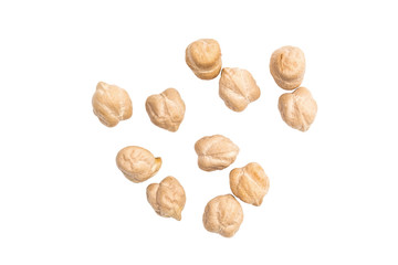 Some spread out chickpeas on white background seen from above