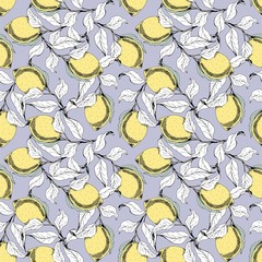 Vector seamless pattern with branches and lemons. Hand drawing