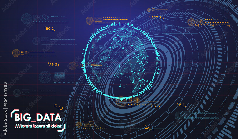 Poster big data abstract visualization. futuristic aesthetic design. big data background with hud elements.