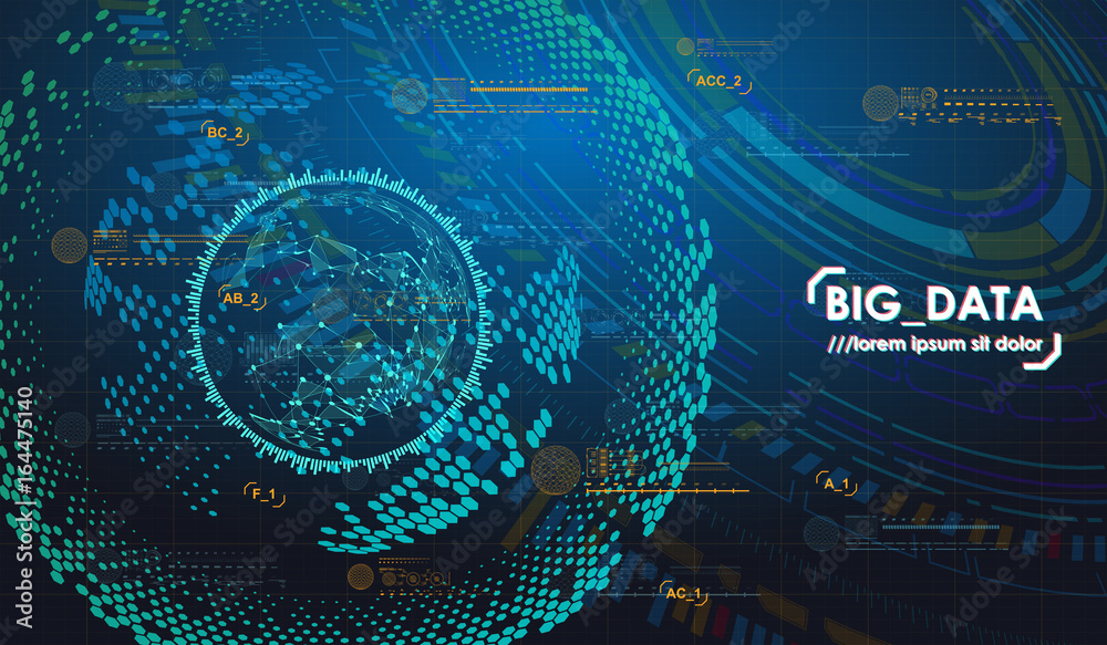Poster big data abstract visualization. futuristic aesthetic design. big data background with hud elements.