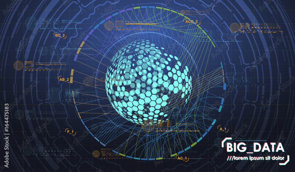 Poster big data abstract visualization. futuristic aesthetic design. big data background with hud elements.