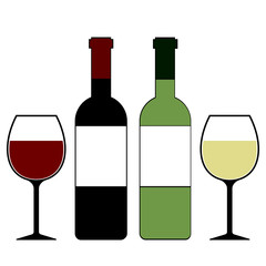 Red and White Wine Bottles and Glasses Isolated Vector Illustration