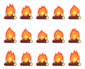 Motion Animation Flame Burn Night Camp Campfire Game Element Isolated Frames Set Flat Design Vector Illustration