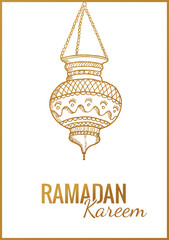 Hand drawn Sketch of Ramadan Kareem flashlight. Vintage vector Background. Greeting arabic traditional lantern