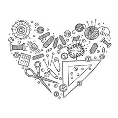 Heart shape vector set of sewing tools.