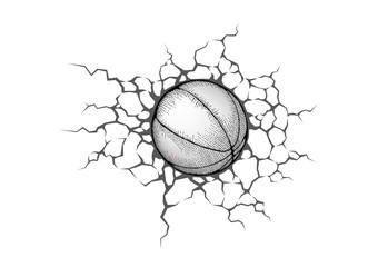 Basketball smash the white wall with cracks hole. Texture design of a white background. Sport ball vector for tournament.