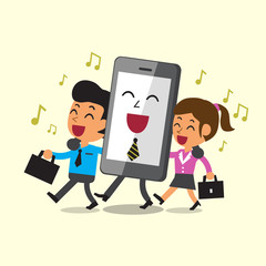 Business concept cartoon business team and smartphone walking and singing together