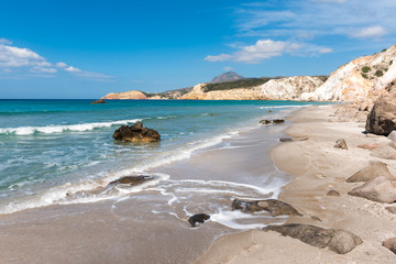 Fototapeta na wymiar Beautiful beach of Firiplaka with crystal clear waters. Milos. Cyclades Islands, Greece.
