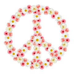 Peace symbol of beautiful flowers on white background