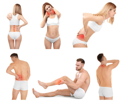 Collage with people suffering from pain in different parts of body on white background. Orthopedist and health care concept