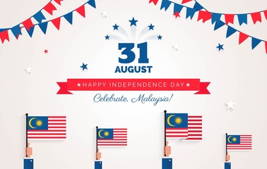 31 August. Malaysia Independence Day greeting card. Celebration background with bunting flags, malaysian flags and text. Vector illustration