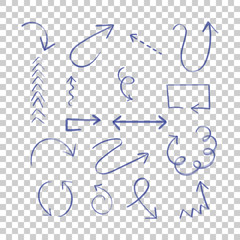 Hand drawn arrow set icon. Collection of pencil sketch symbols. Vector illustration on isolated background.