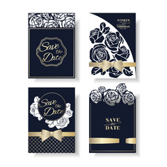 Set of Laser Cut Wedding Invitation Card. Navy Blue Rose Concept.Vector/Illustration