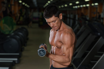 Fototapeta na wymiar Tanned muscular man workout with dumbbells in gym
