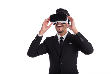 Male person in suit and virtual reality glasses