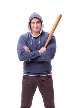Young man hooligan with baseball bat isolated on white