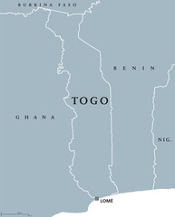 Togo political map with capital Lomé and international borders. Togolese Republic, a country in West Africa on Gulf of Guinea. Gray illustration isolated on white background. English labeling. Vector.