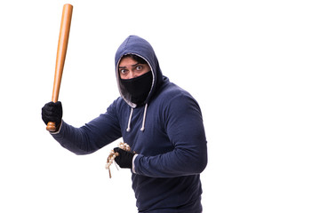 Young man hooligan with baseball bat isolated on white