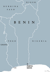 Benin political map with capital Porto-Novo. Formerly Dahomey,a  republic and country in West Africa on the Gulf of Guinea. Gray illustration isolated on white background. English labeling. Vector.