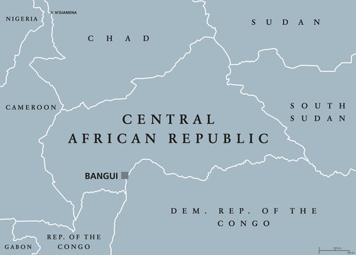 Central African Republic political map with capital Bangui and international borders. Landlocked country in Central Africa. Gray illustration isolated on white background. English labeling. Vector.
