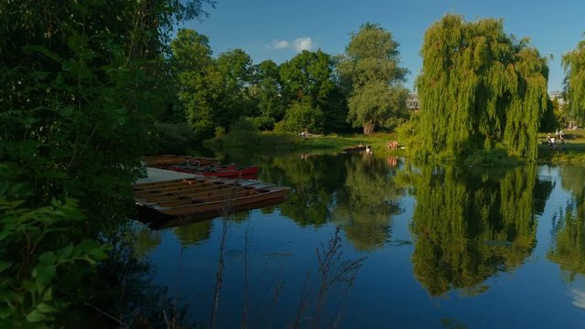 Panoramic rural shot of a lake and woods in the university town of Cambridge, England, UK