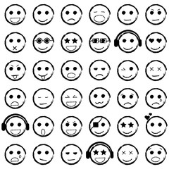 Set of Emoticons hand drawn. Collection emoji icons. Isolated vector illustration.