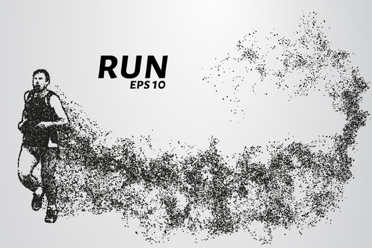 Runner of the particles. The man runs and the wind out of him pulling out pieces in the shape of a circle. Vector illustration.