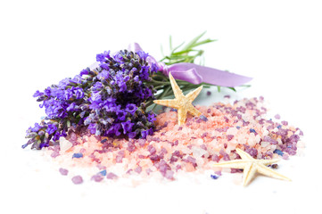 Lavender flowers and bath salt for aromatic spa