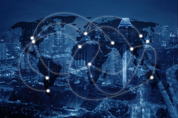 Double exposure of world map connecting and blurred cityscape of business centre , Technology and network connection concept , world map element of this image furnished by NASA