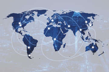 Double exposure of world map connecting and blurred cityscape of business centre , Technology and network connection concept , world map element of this image furnished by NASA
