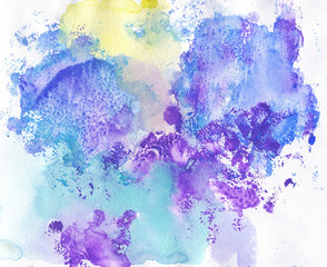 Painting colorful background  in vintage style. Hand drawn yellow, purple, blue splashes. Watercolor wet abstract illustration