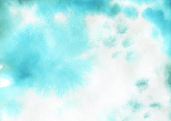 Painting abstract monochrome illustration. Hand drawn wet background in vintage style. Watercolor light blue and white splashes