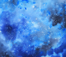 Fototapeta na wymiar Watercolor space abstract background. Hand drawn night sky, stars, cosmos. Painting astronomy illustration 