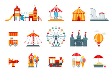 Amusement park vector flat elements, fun icons, isolated on white background with ferris wheel, castle, attractions, circus, air balloon, swings, carousel. Architecture entertainment elements vector