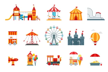 Fotobehang Amusement park vector flat elements, fun icons, isolated on white background with ferris wheel, castle, attractions, circus, air balloon, swings, carousel. Architecture entertainment elements vector © Bezvershenko