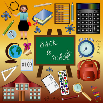 A set of "good-to-school", "return to school", teacher, bell, calculator, globe, abacus, school, backpack, book, notebook, alarm clock, school board, pencil, paint, calendar.
