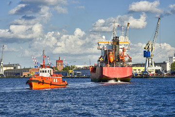 Small tanker entering port, Gdansk, Poland