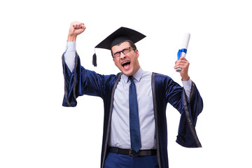 Young man student graduating isolated on white