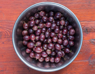 Red berries of gooseberry in a plate on a background of a wooden texture.