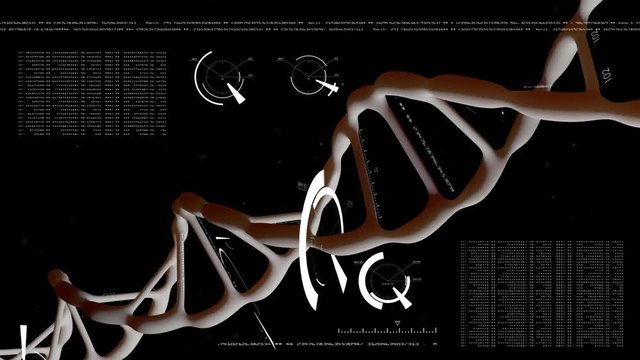 DNA. Rotating DNA with data processing background. Genetic engineering scientific concept. The flying particles. On a black background. 3D animation.