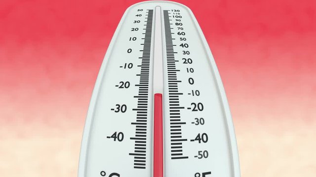 Thermometer with increasing temperature on red background.
Animation of red mercury rising in thermometer. Mask included.