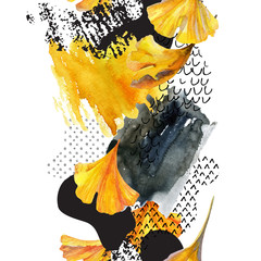 Dessin de feuilles de ginkgo, doodle à l& 39 encre, grunge, textures de papier couleur aquarelle.