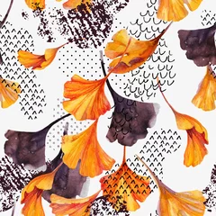 Papier Peint photo Impressions graphiques Dessin de feuilles de ginkgo, doodle à l& 39 encre, grunge, textures de papier couleur aquarelle.
