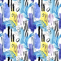 Geometric watercolor shapes and tropical leaves seamless pattern