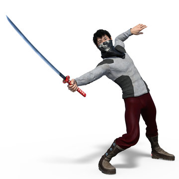 3d render of a young strong Asian sword fencer isolated on white