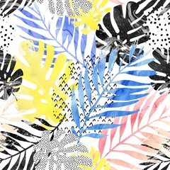 Zelfklevend Fotobehang Art illustration: trendy tropical leaves filled with watercolor grunge marble texture, doodle elements background. © Tanya Syrytsyna