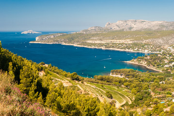 Panoramic view of the coastline near Cassis seen from the Route des Cretes (Provence, France)