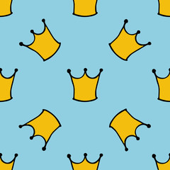Seamless pattern with doodle crowns. Cute baby background for printing on textile, fabric, surfaces, patchwork, scrap-booking. Vintage retro style.