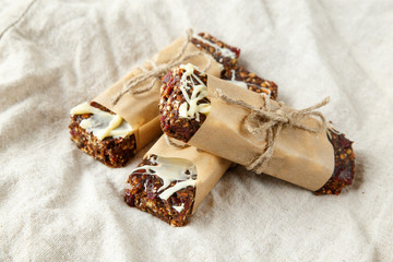 Organic homemade granola bars - Healthy vegetarian vegan diet snack granola bars with nuts, seeds, honey and cereals.