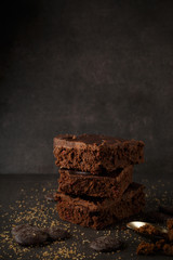 Delicious Chocolate Brownies with Dark Background. Chocolate Cakes with dark background. Low light photography.
